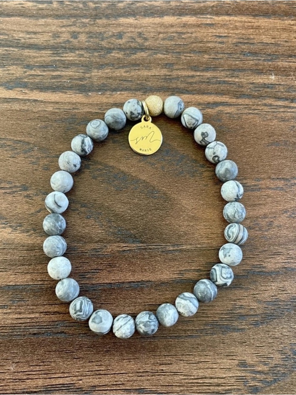 Gray Marbled Bead Stretch Bracelet with Gold Charm